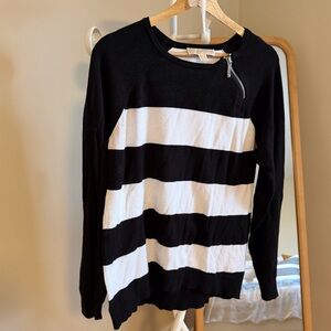 Michael Kors Black and White Striped Crew Neck Tunic Sweater